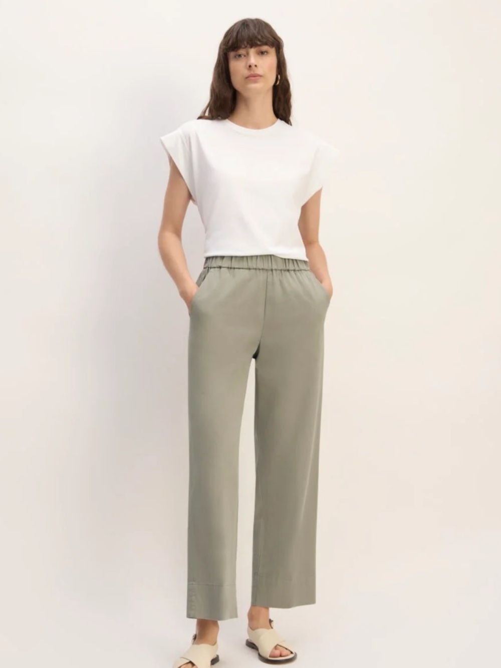 Everlane Easy pant in olive or army green cotton fabric. size XL, cropped leg